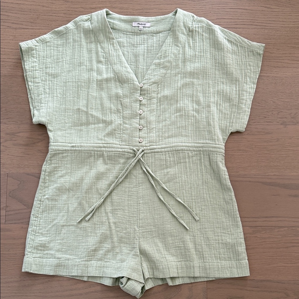 Madewell Sage Green Gauze Romper with Tie Waist